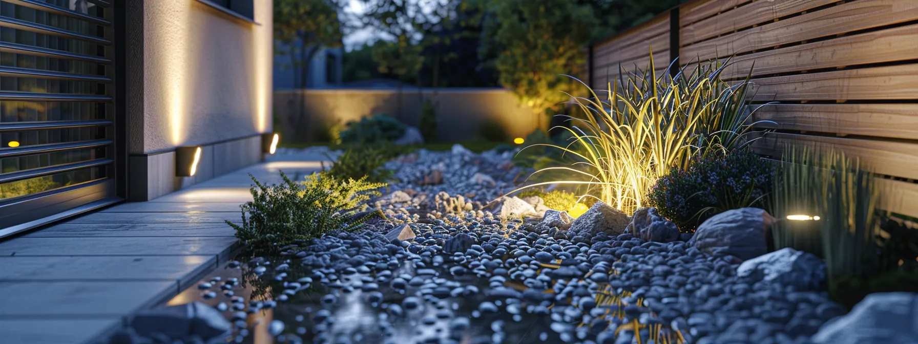 a beautifully landscaped yard with a sleek, modern drainage system seamlessly integrated into the design.