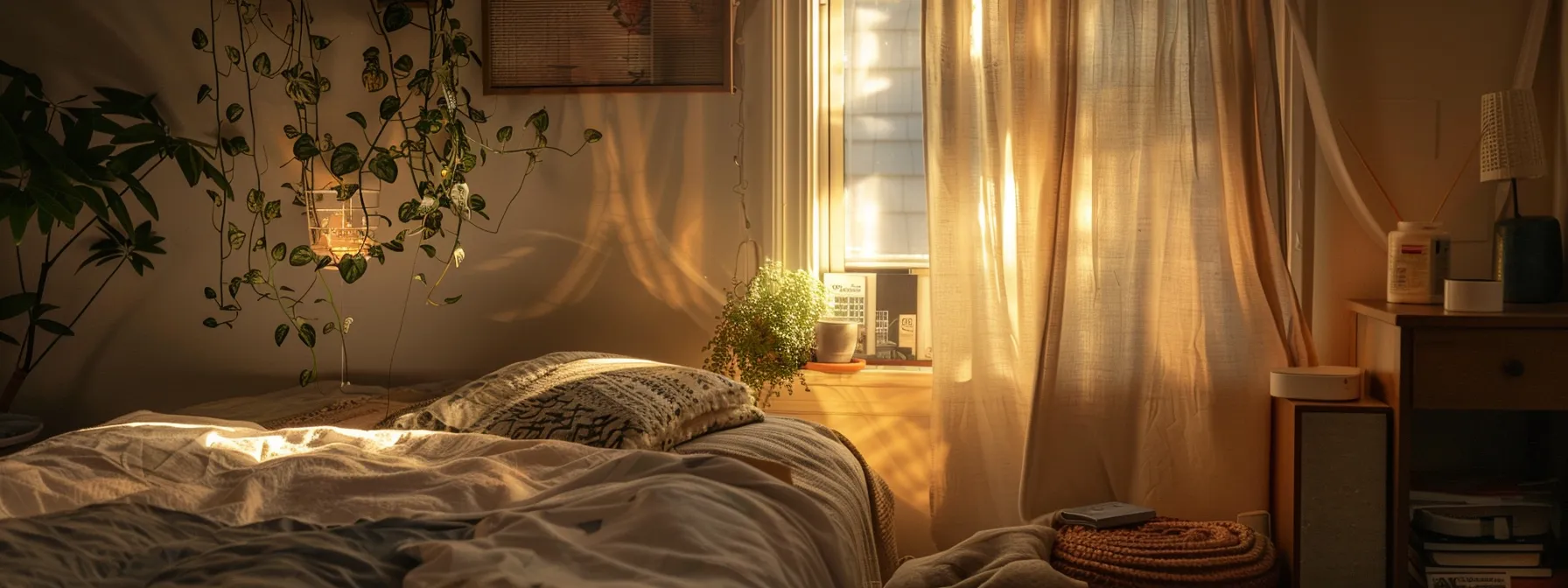 a cozy bedroom corner illuminated by natural light pouring in through a basement egress window.